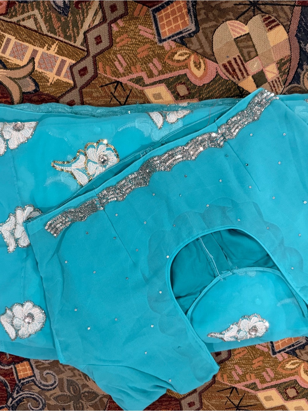 Turquoise Embellished Chiffon Blouse with Silver Sequin Trim